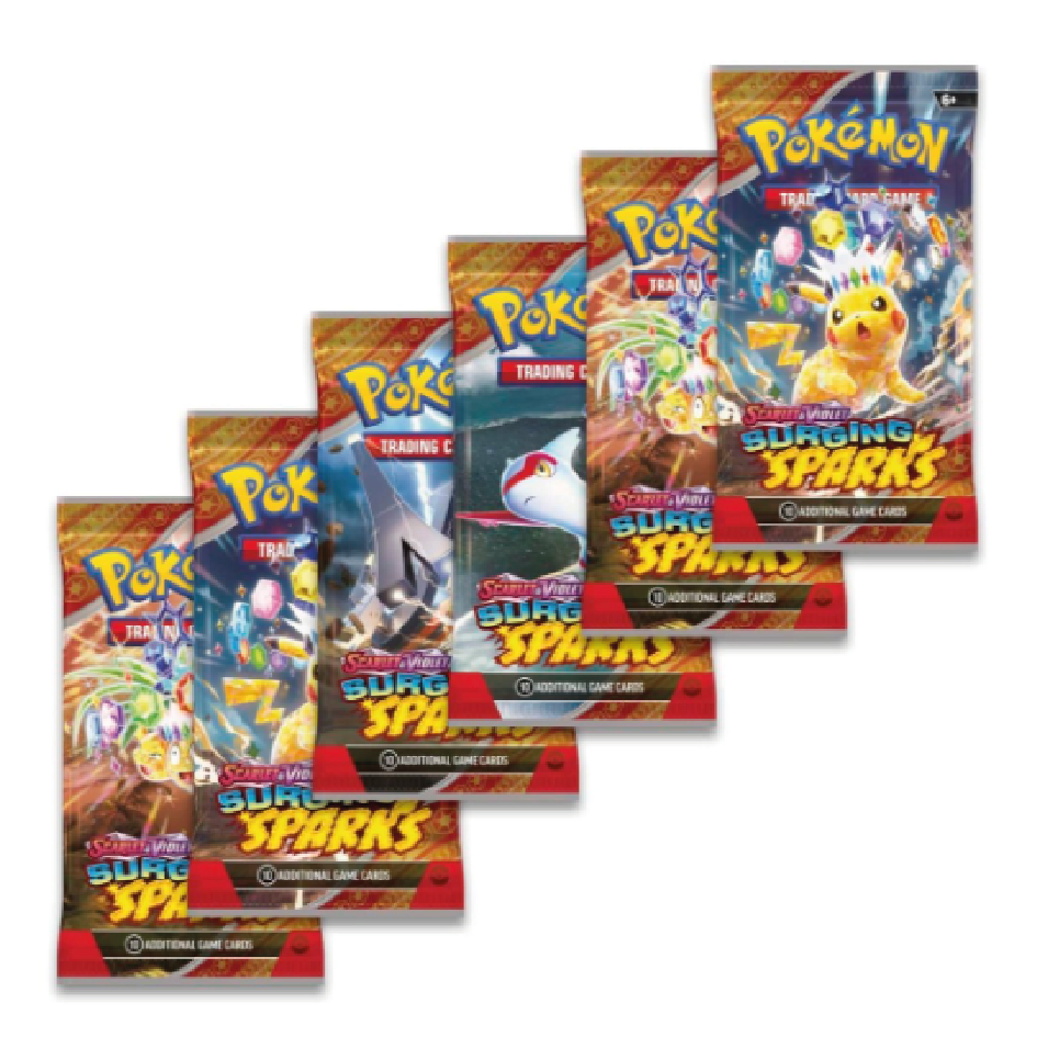 Produktbild von den einzelnen Booster Packs von Pokémon Surging Sparks englische Ausführung